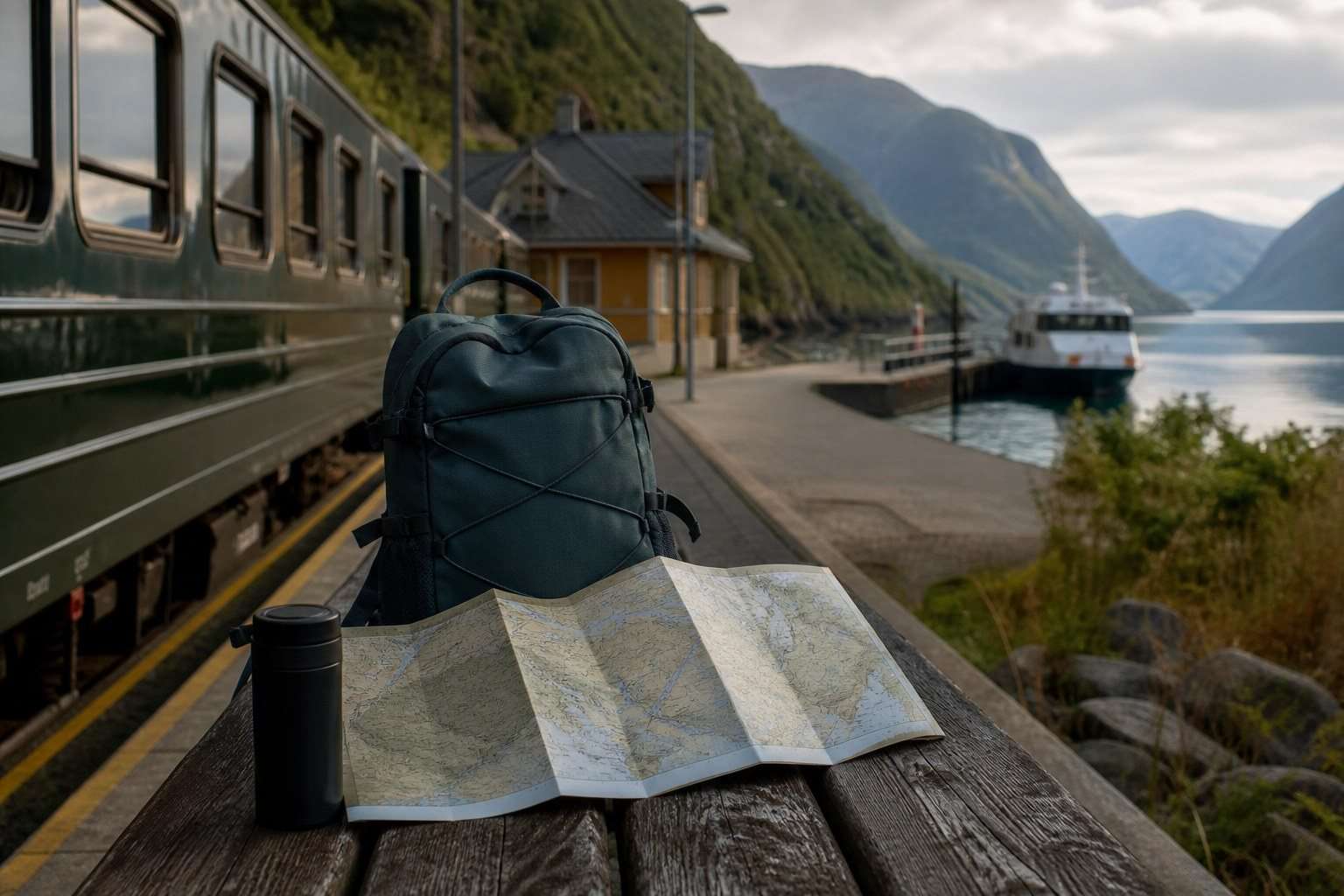 Mochila y mapa en una pequeña estación con conexión a un barco de fiordo